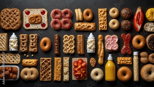 Cookies . A grid of various baked goods, including donuts, waffles, and pretzels, arranged neatly on a dark background.