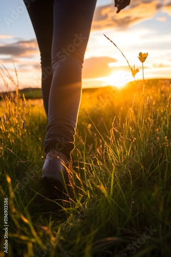 Sunset Walk  Person Walking in Grass Field at Golden Hour