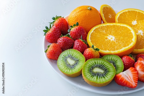 Vibrant action of fresh vitamin c-rich fruits kitchen table food photography bright environment high-angle view healthy nutrition concept photo