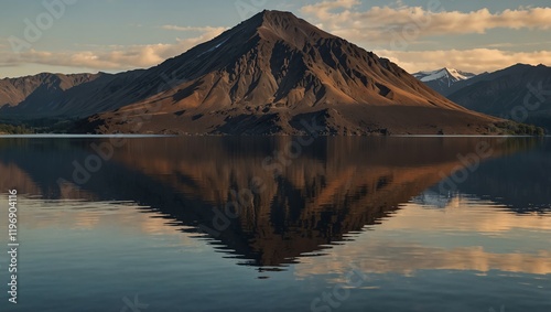 sunrise over the lake , A serene landscape image shows a mountain reflected in calm water. The low lighting and still water create a mirror effect with a dark base.