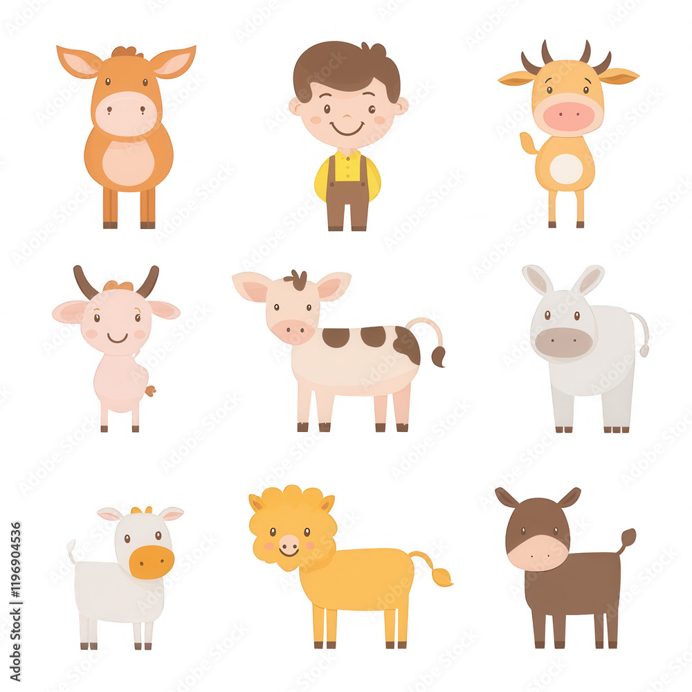 Obraz premium A playful illustration of farm animals and a happy child interacting., isolated on a transparent background.
