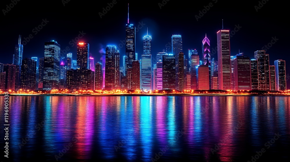 Obraz premium Neon City Skyline Reflecting in Water at Night