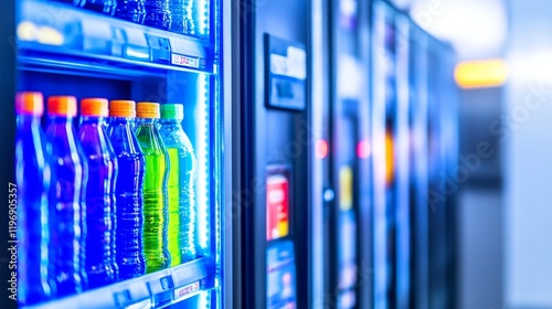 A vending machine displaying colorful beverage bottles with illuminated shelves.
