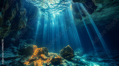 cave under water and sun passing throw the watter 