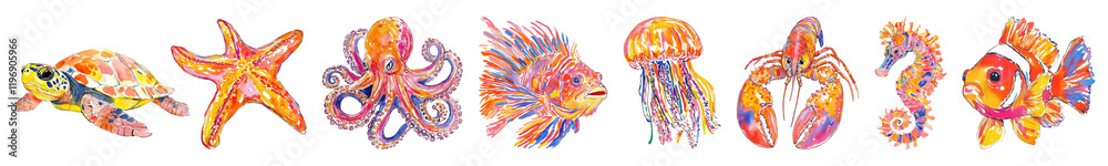 Fototapeta premium PNG Sea life illustrations, element set on transparent background