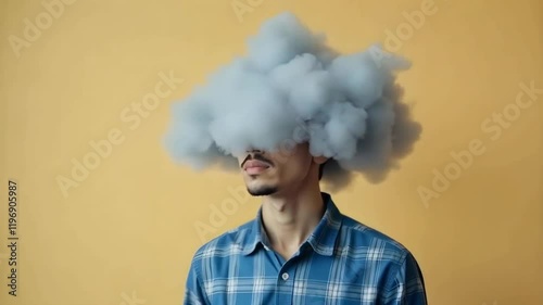 Asian overthinking man with a cloudy head, symbolizing mental exhaustion and confusion