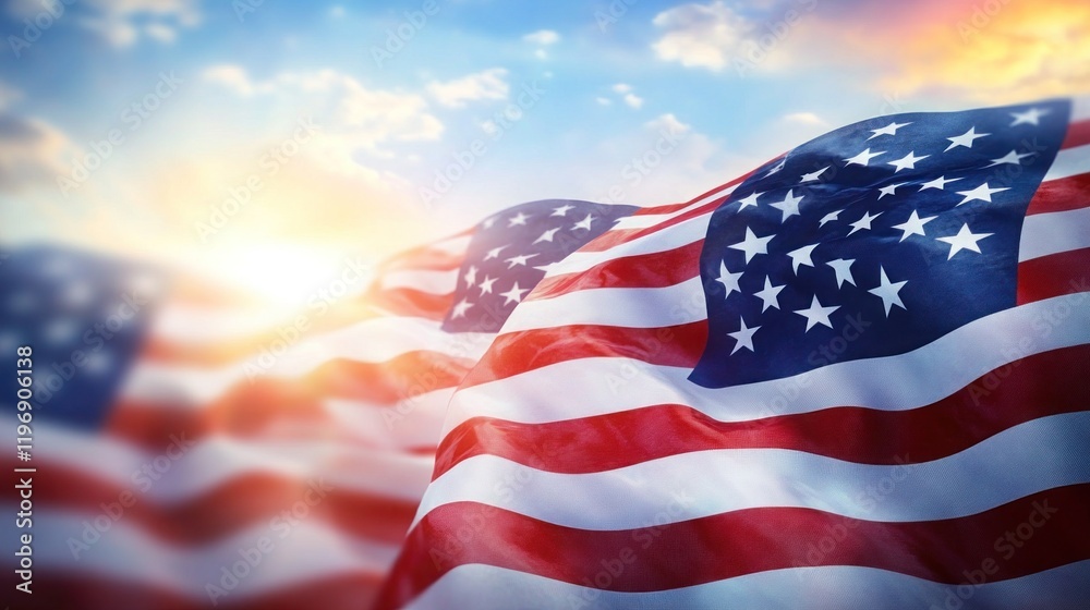 Obraz premium American flag waving, sunrise, patriotic, background, holiday