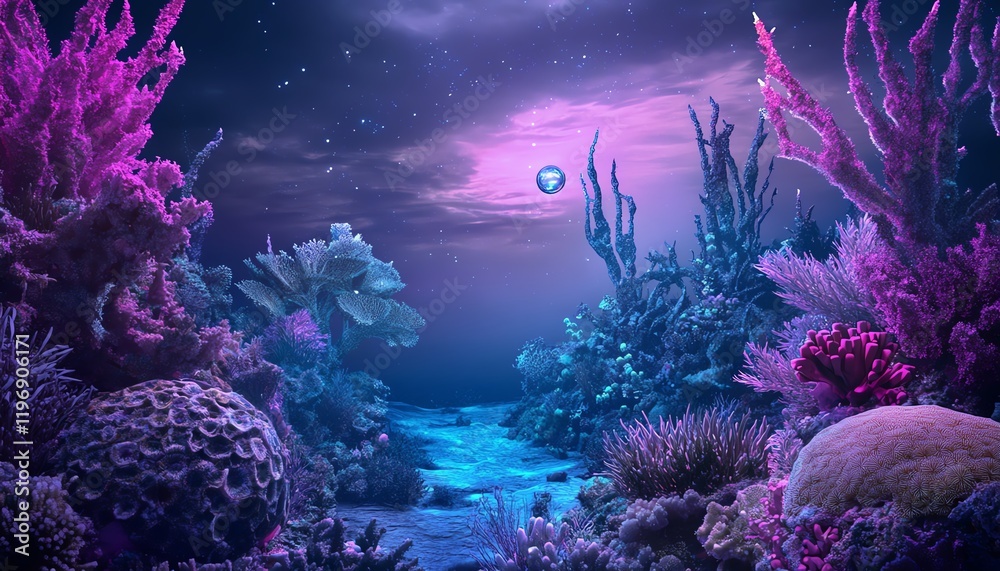 Fototapeta premium Intricate coral formations intertwined with dreamlike aquatic plants, bioluminescent hues creating a mesmerizing glow, enchanting and surreal ambiance, photorealistic detail