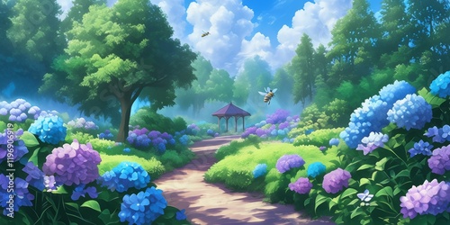 Serene Garden Path with Hydrangeas . Anime style photo