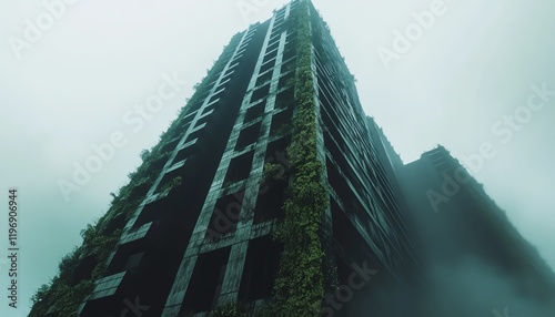 Low-angle view of a dystopian skyscraper, minimalist architecture, overgrown with vines, moody lighting, atmospheric fog, photorealistic style, emphasizing depth and scale photo