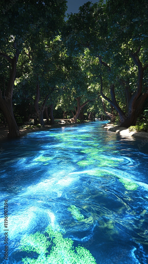 Low-angle view of a mystical forest where ancient trees intertwine with crystal-clear rivers Low-angle view of a mystical forest where ancient trees intertwine with crystal-clear rivers