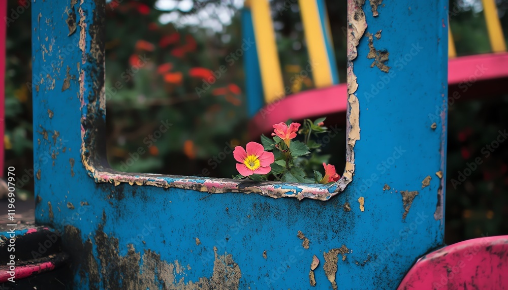 A vibrant pink flower blooms through a crack in weathered, blue playground equipment. Nature reclaiming urban space. A vibrant pink flower blooms through a crack in weathered, blue playground equipment. Nature reclaiming urban space.