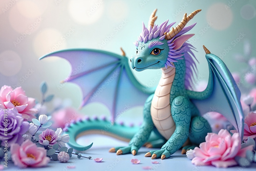 Fototapeta premium Whimsical pastel dragon posing gracefully among blooming flowers, enchanting fairytale theme. Cartoon illustration for children's books. Greeting card or print for birthday celebration