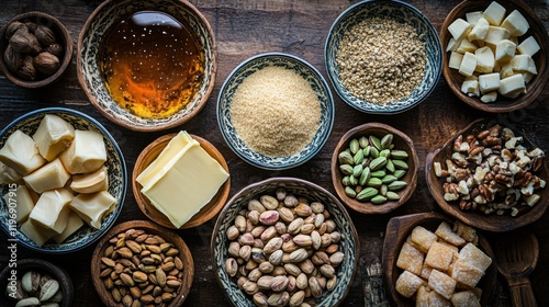 Turkish Baklava ingredients on ornate Ottoman ceramic, vibrant colors, culinary concept photo