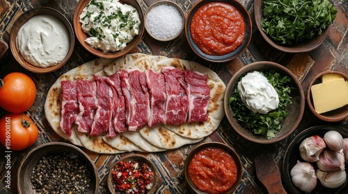 Turkish İskender Kebab ingredients, rustic style, warm colors, traditional Ottoman cuisine photo