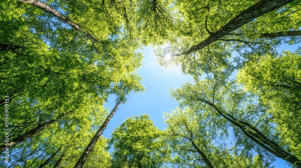 Fototapeta premium Sunlight filters through lush green leaves, creating a peaceful atmosphere in a dense forest during the bright afternoon