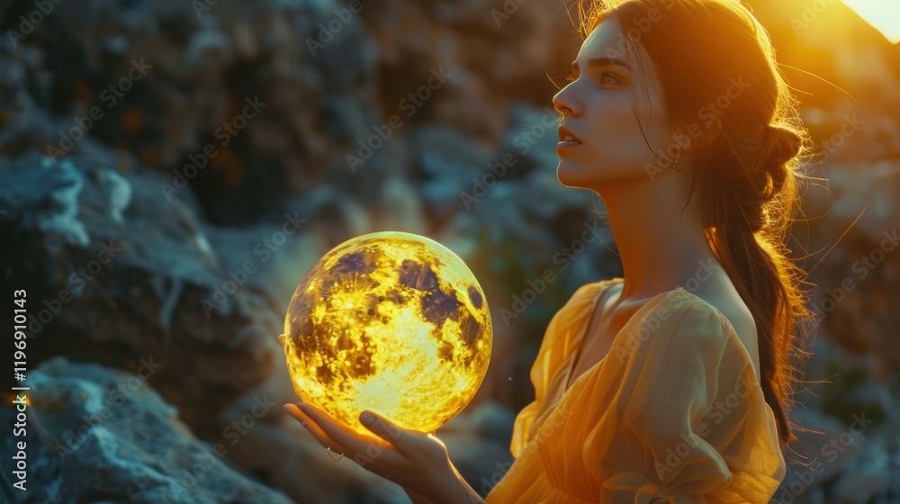 Naklejka premium Young beautiful woman at rocks There is a yellow globe floating in the air. It is beautiful and colorful.