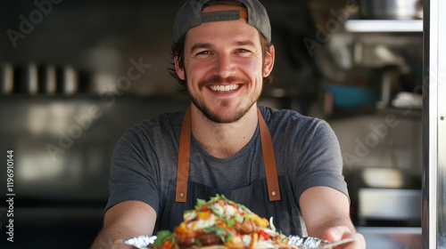 Fototapeta Naklejka Na Ścianę i Meble -  Smiling man in apron working in food truck serving delicious food. Portrait of happy small business owner