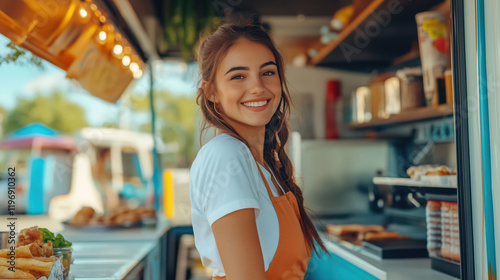 Fototapeta Naklejka Na Ścianę i Meble -  Smiling woman in apron working in food truck serving delicious food. Portrait of happy small business owner