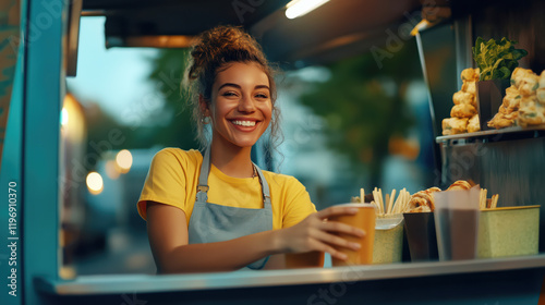 Fototapeta Naklejka Na Ścianę i Meble -  Smiling woman in apron working in food truck serving delicious food. Portrait of happy small business owner