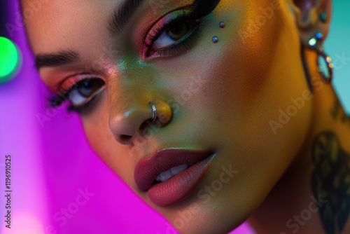 A close-up shot of a woman's neck featuring a distinctive piercing, suitable for use in editorial or commercial contexts photo