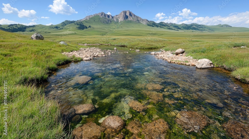 Mountain stream flowing through grassy valley, clear water, rocky bed, summer Mountain stream flowing through grassy valley, clear water, rocky bed, summer