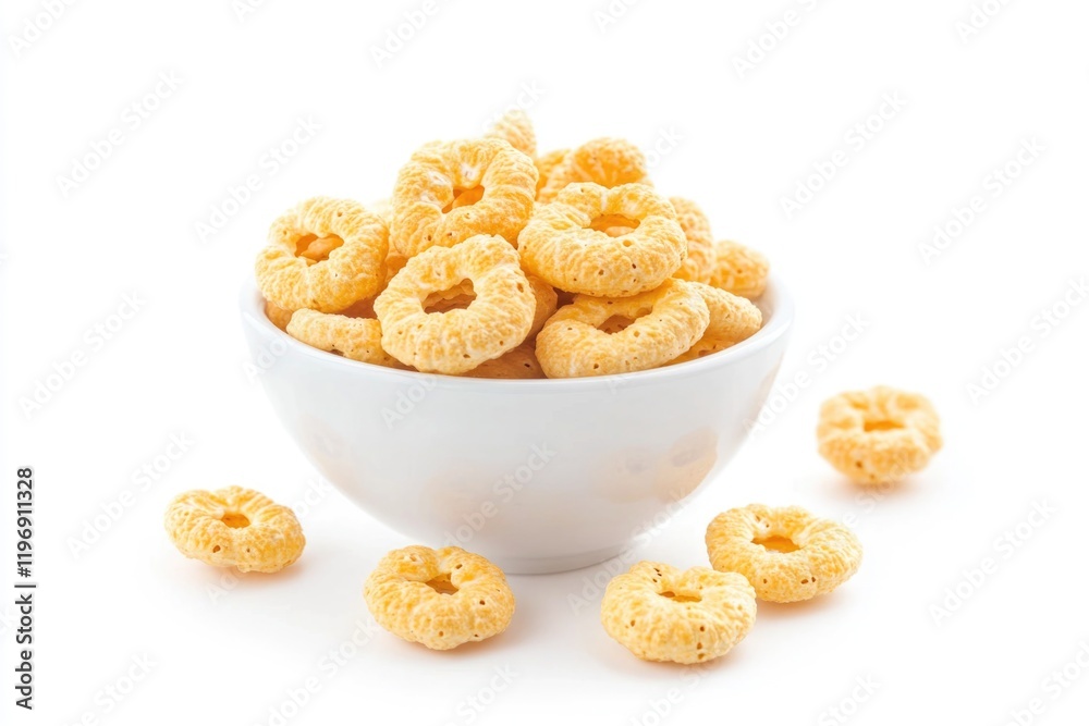 A bowl filled with cereal sits on a white table, perfect for breakfast or snack A bowl filled with cereal sits on a white table, perfect for breakfast or snack