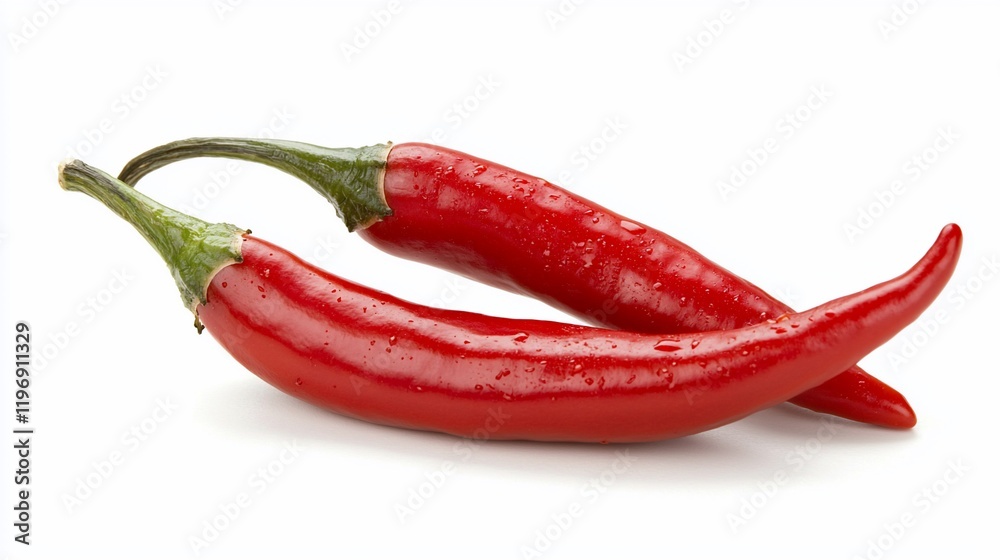 Two red chili peppers with water droplets isolated on white background. Two red chili peppers with water droplets isolated on white background.