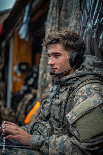 Military personnel working on laptop in uniform