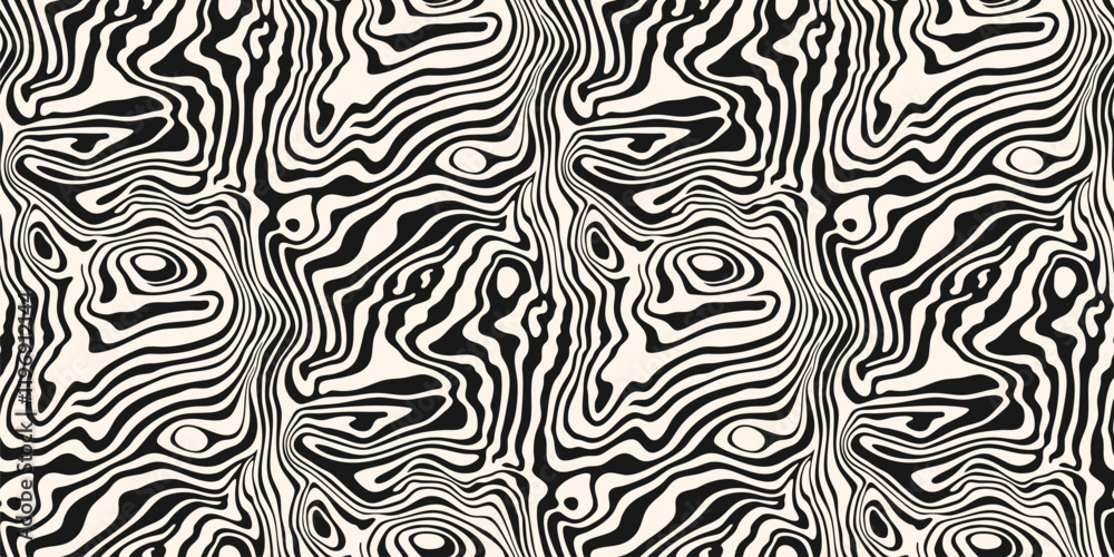 Vector seamless pattern with fluid organic shapes, liquid lines. Stylish black and white abstract marble ink texture. Funky groovy geo background with waves, distorted surface. Optical illusion effect