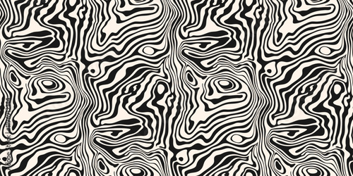 Vector seamless pattern with fluid organic shapes, liquid lines. Stylish black and white abstract marble ink texture. Funky groovy geo background with waves, distorted surface. Optical illusion effect