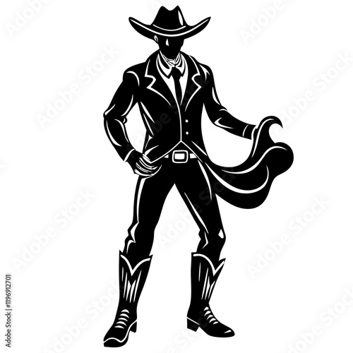 Mysterious Cowboy Silhouette: A stylized silhouette of a cowboy in a suit and hat, his cape billowing dramatically, evokes a sense of mystery and the Wild West.