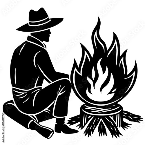 Cowboy by Campfire: A lone cowboy silhouette against a stark background, gazing intently at a campfire, evokes a sense of solitude, reflection, and the rugged spirit of the American West. 