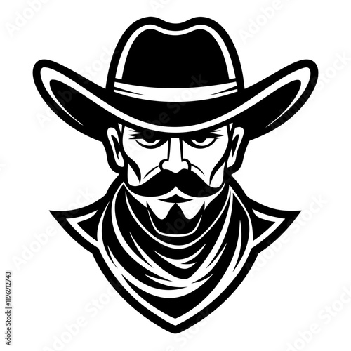 The Grit of a Cowboy:  A bold and dramatic illustration of a cowboy's face, featuring a weathered visage, a thick mustache, a wide-brimmed hat, and a bandana tied around his neck.