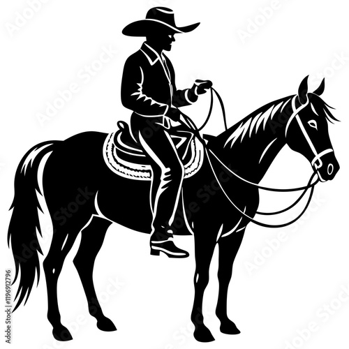 Cowboy on Horseback: A classic silhouette illustration of a cowboy astride a horse, embodying the rugged spirit of the American West.
