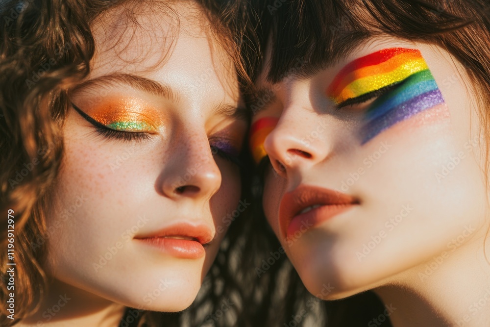 Obraz premium Two friends with colorful face paint and smiling faces, great for diversity or pride event photos
