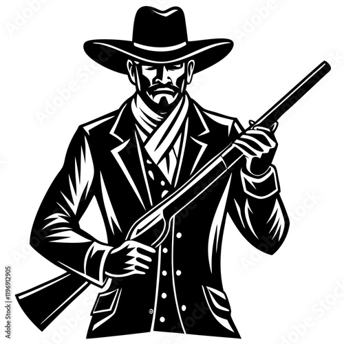 The Gunslinger: A strong, determined cowboy stands defiantly, a rifle held firmly in his hands.  The stark black and white style accentuates his serious gaze and powerful presence.