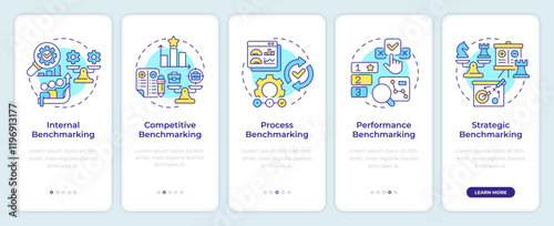 Types of benchmarking onboarding mobile app screen. Business. Walkthrough 5 steps editable graphic instructions with linear concepts. UI, UX, GUI template. Montserrat SemiBold, Regular fonts used