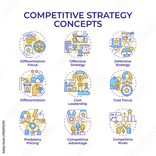 Competitive strategy multi color concept icons. Business long term actions plan. Commercial company growth. Icon pack. Vector images. Round shape illustrations for presentation. Abstract idea