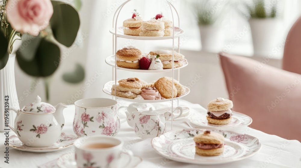 A luxurious high-tea setup with a tiered tray of scones, finger sandwiches, A luxurious high-tea setup with a tiered tray of scones, finger sandwiches,