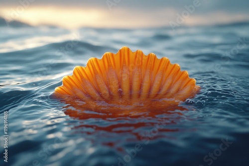 An orange-colored shell floats on the surface of the water, possibly from a beach or ocean scene