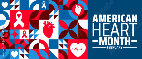 American Heart Month geometric shape pattern background banner or poster design template. observed every year in February. Holiday concept. Use to any Template, card, poster, placard, template.