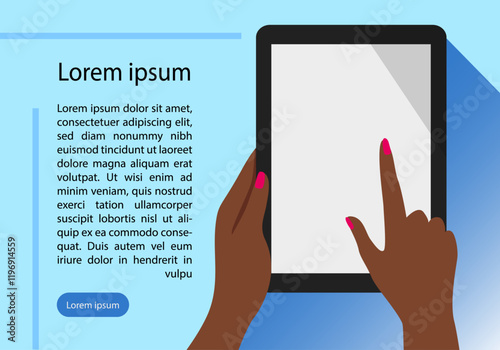 African Hands Hold Tablet and pointing to the screen with text. Technology concept. Vector illustration