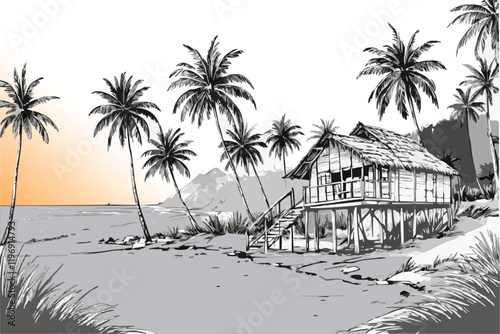 Hand-drawn illustration of a rustic hut on a tropical island, lined with tall palm trees. Captures the essence of solitude, tranquility, and island life.
