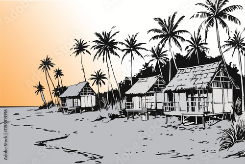 Hand-drawn illustration of a rustic hut on a tropical island, lined with tall palm trees. Captures the essence of solitude, tranquility, and island life.