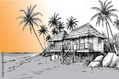 Hand-drawn illustration of a rustic hut on a tropical island, lined with tall palm trees. Captures the essence of solitude, tranquility, and island life.
