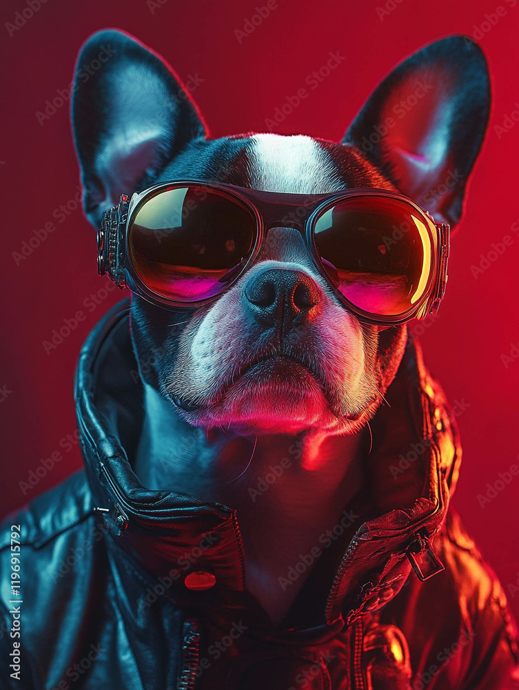 Obraz premium A stylish dog wearing sunglasses and a leather jacket, posing confidently against a vibrant red and blue background.