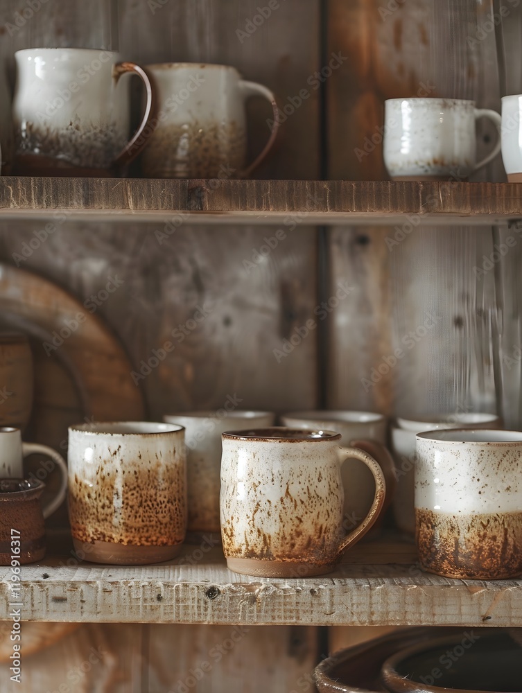Fototapeta premium craft pottery mugs. Handmade rustic coffee cups as home decor