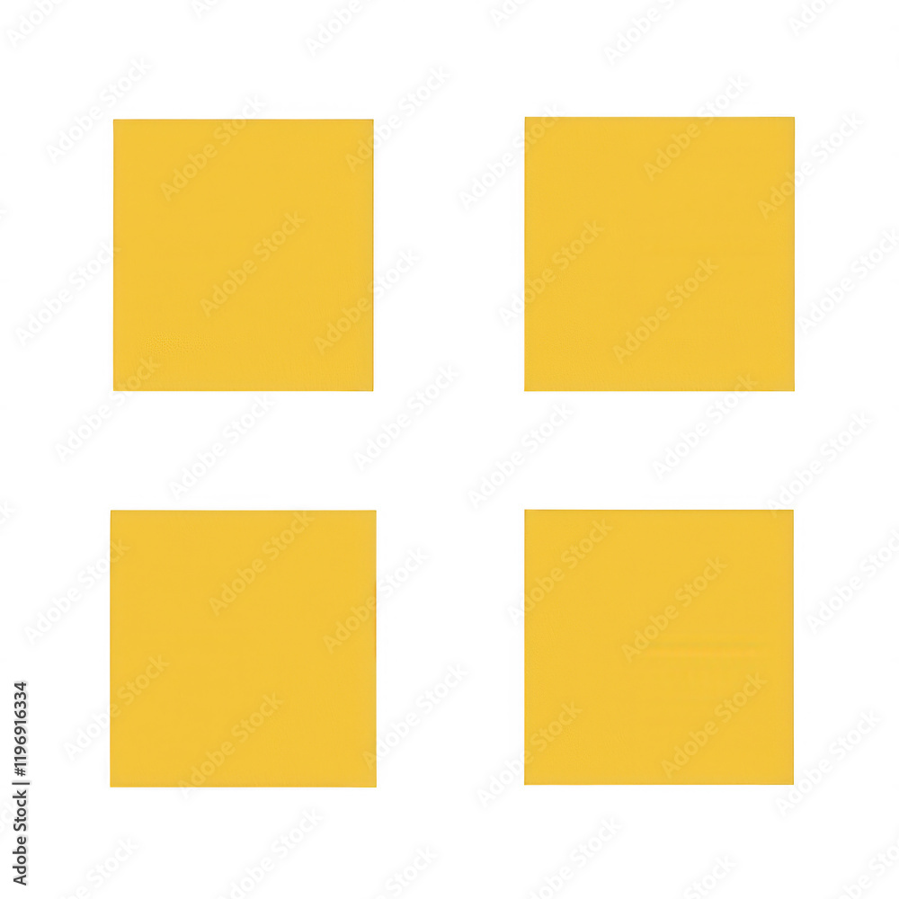 Four blank yellow sticky notes on a black background for notes and reminders., isolated on a transparent background.