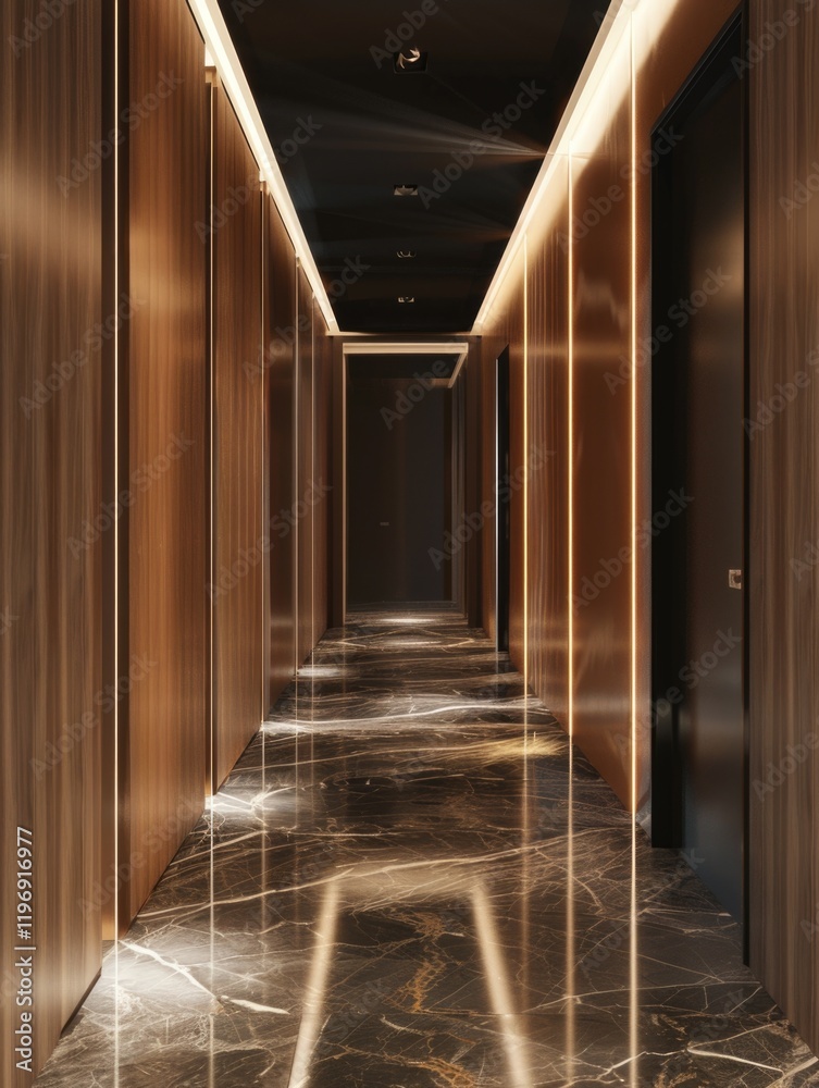 Long hallway with a black door on the right. The walls are made of wood and the floor is made of marble. The lighting is dim and the hallway is empty